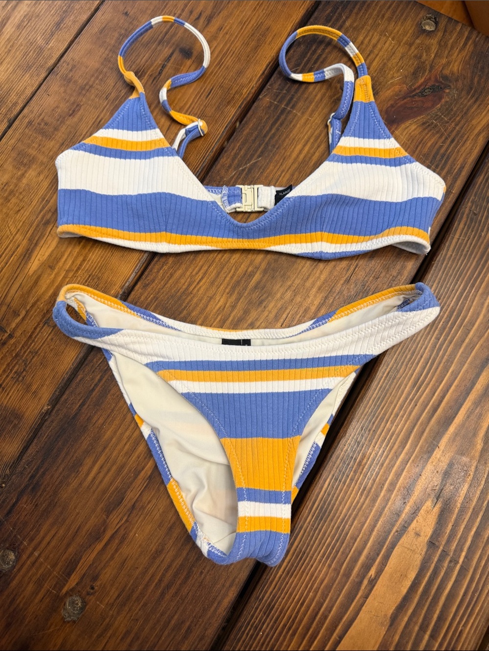triangl swimwear Blue, White & Yellow Ribbed Stripe Bikini Top XL/Bottom Med EUC